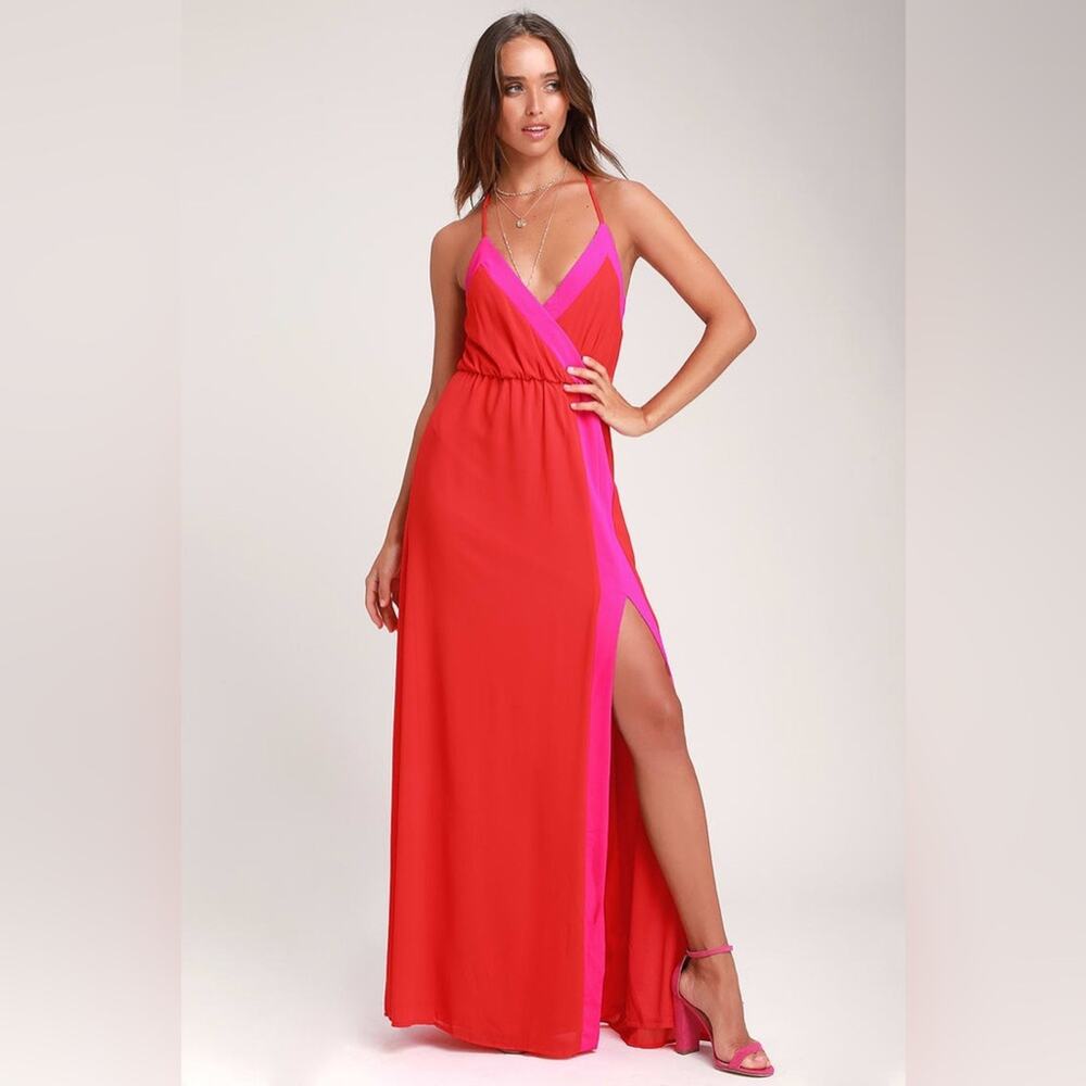 Lulu’s Colorblock Red and Magenta Strappy Maxi Dress – Women’s Size 6